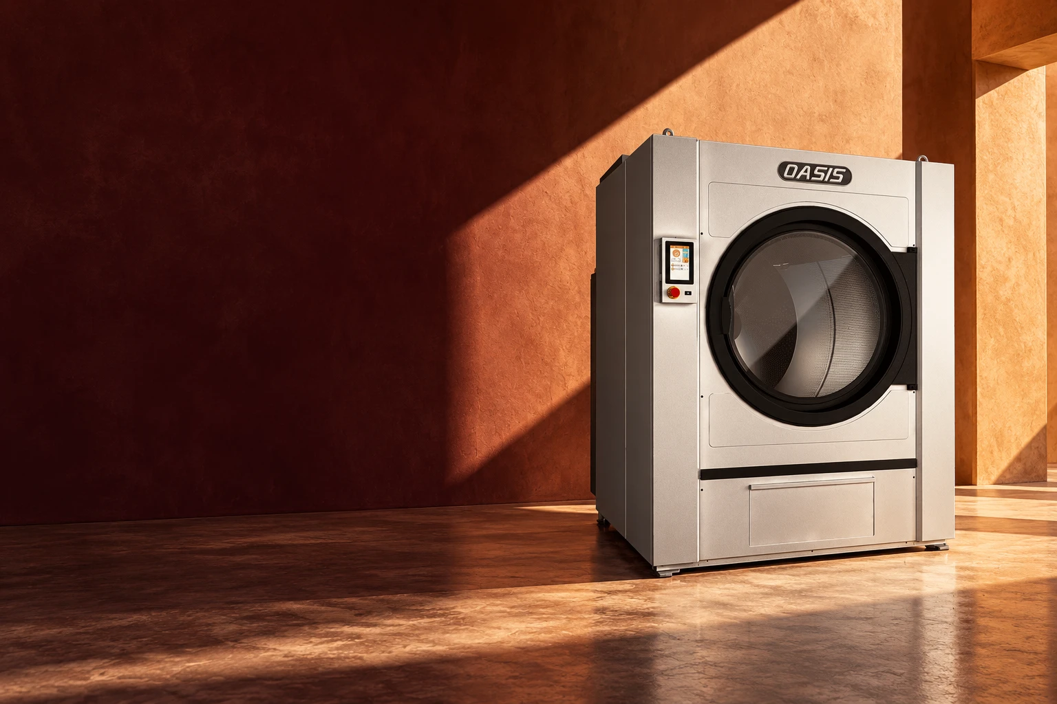 Professional washer in a mineral, ochre-toned architectural setting