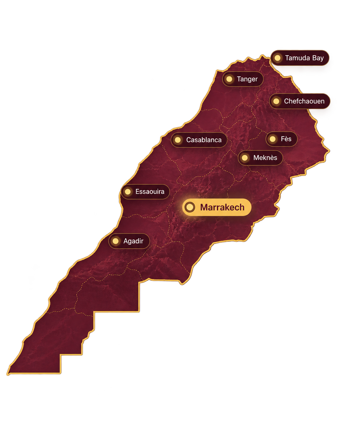 Map of Morocco showing Marrakech, Casablanca, Agadir, Essaouira, Tangier, Fez, Meknes, Chefchaouen and Tamuda Bay