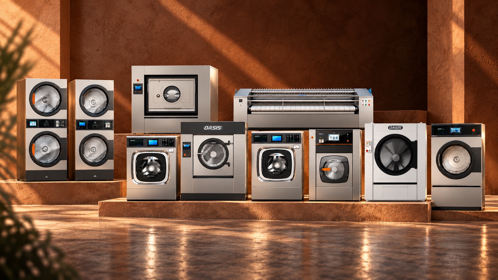 Full range of professional laundry machines: washers, dryers, stacked units and a flatwork ironer