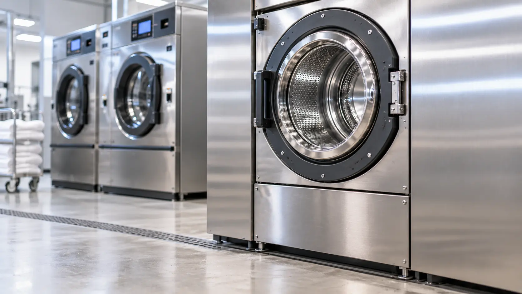 Row of stainless-steel industrial washers in a laundry