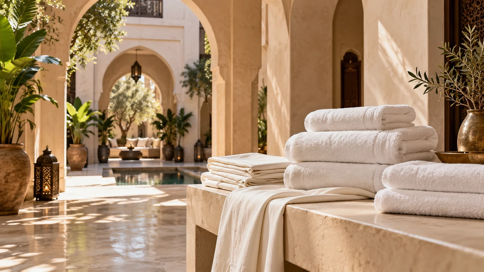 Folded hotel linen in the patio of a riad