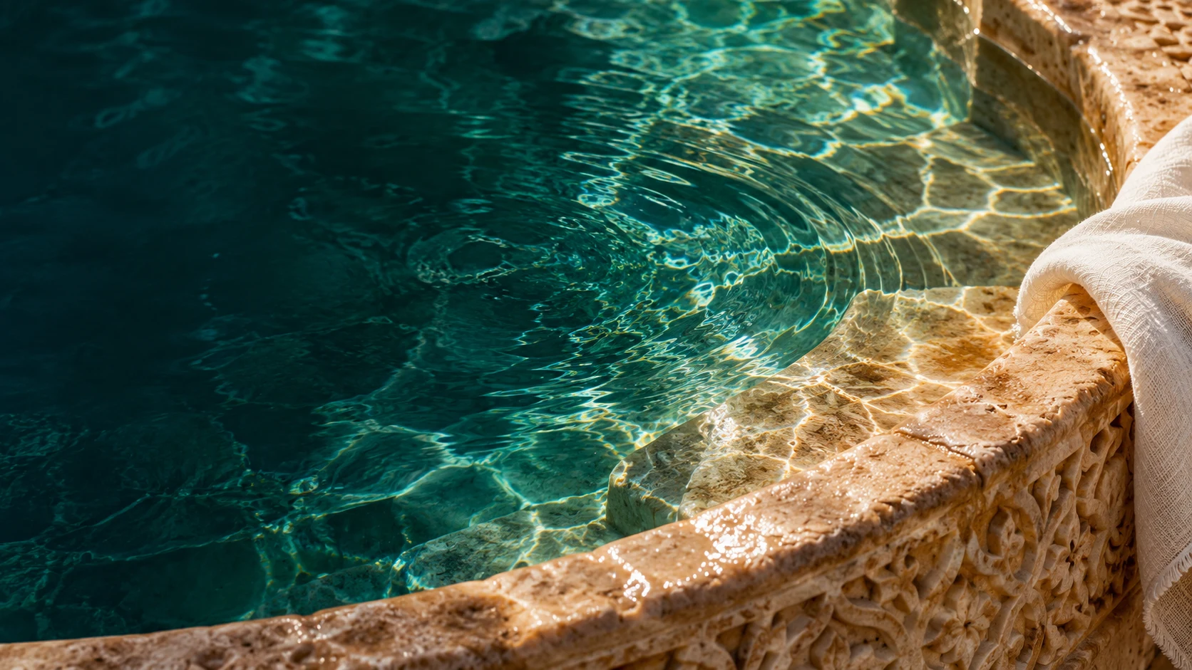 Turquoise water in a carved stone basin, white linen resting on the edge